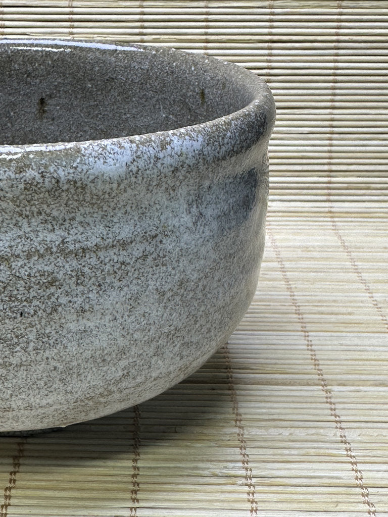 Vintage Japanese Chawan, Rustic Grey Glaze Matcha Tea Bowl, Sandy Stoneware, Iron Flecks, Impressed Mark