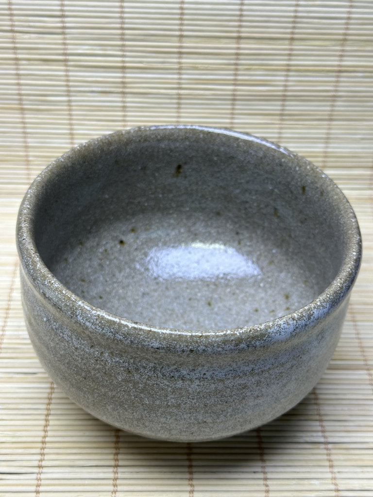 Vintage Japanese Chawan, Rustic Grey Glaze Matcha Tea Bowl, Sandy Stoneware, Iron Flecks, Impressed Mark