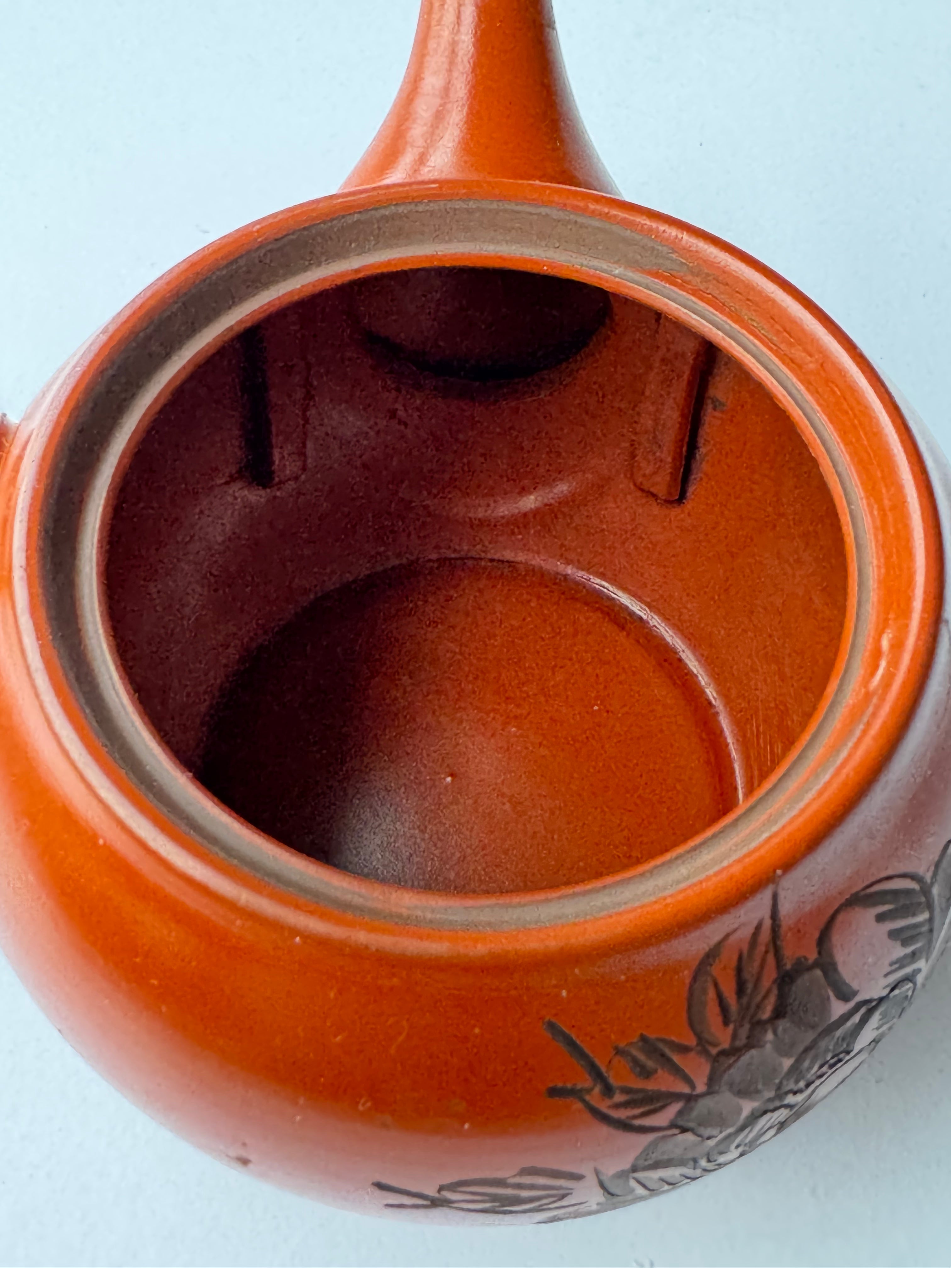Vintage Tokoname Kyusu Teapot – Hand-Carved Peony Motif, Red Clay, Japanese Green Tea Pot