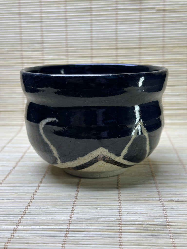 Vintage Japanese Kuro-Oribe Style Chawan, Black Glaze with Iron-Painted Window, Matcha Tea Bowl, Wabi-Sabi