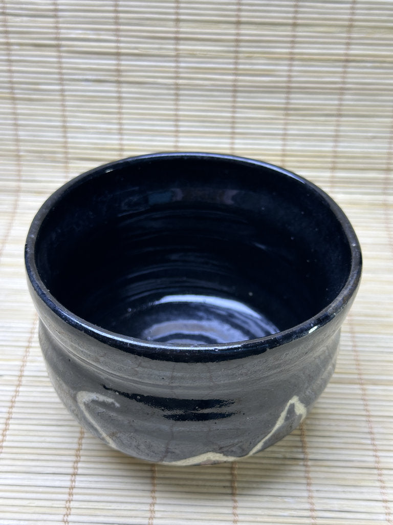 Vintage Japanese Kuro-Oribe Style Chawan, Black Glaze with Iron-Painted Window, Matcha Tea Bowl, Wabi-Sabi
