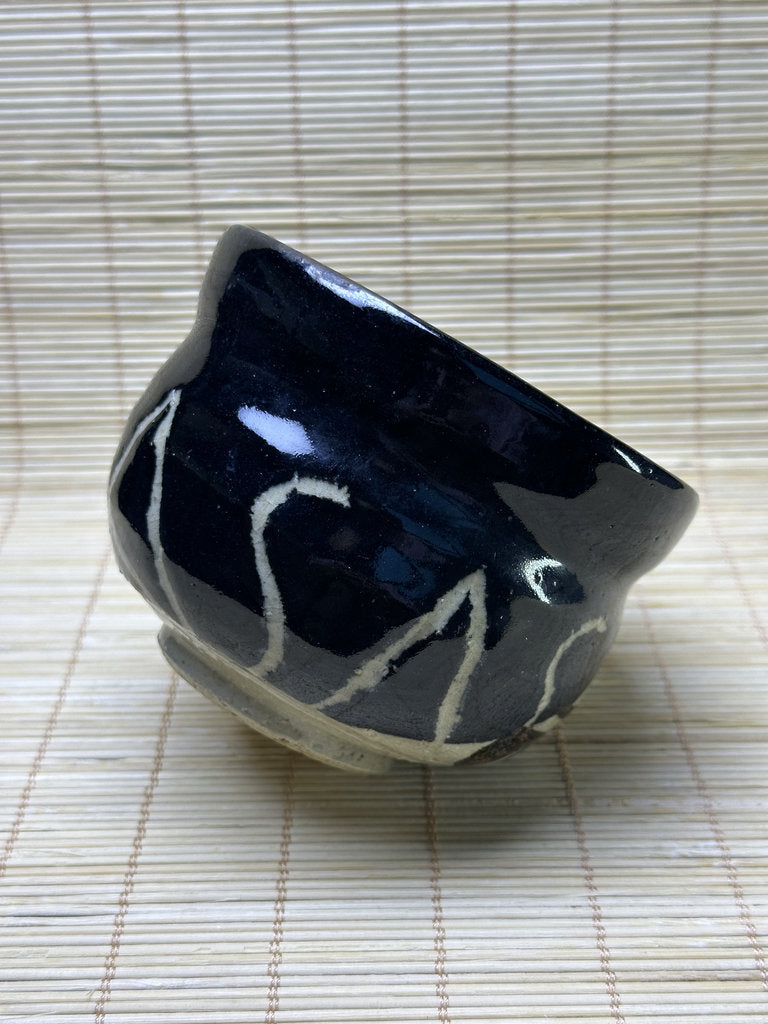 Vintage Japanese Kuro-Oribe Style Chawan, Black Glaze with Iron-Painted Window, Matcha Tea Bowl, Wabi-Sabi