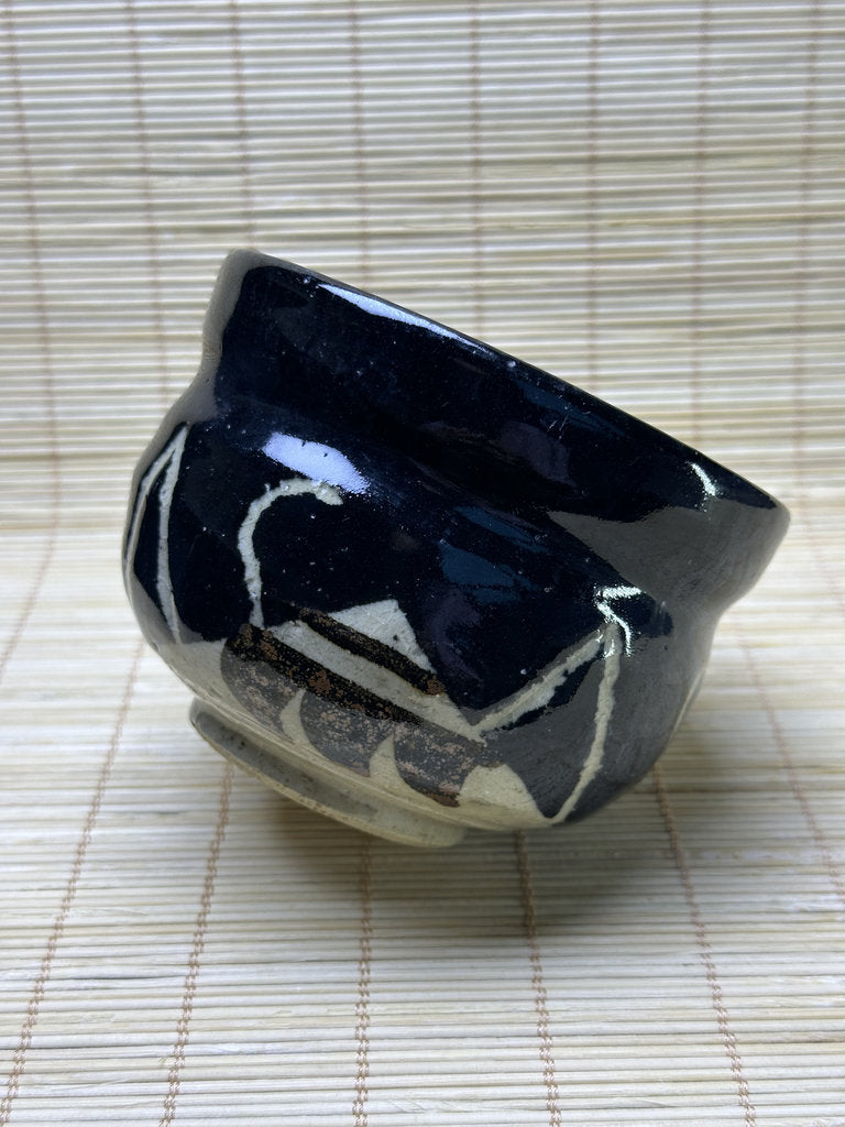 Vintage Japanese Kuro-Oribe Style Chawan, Black Glaze with Iron-Painted Window, Matcha Tea Bowl, Wabi-Sabi