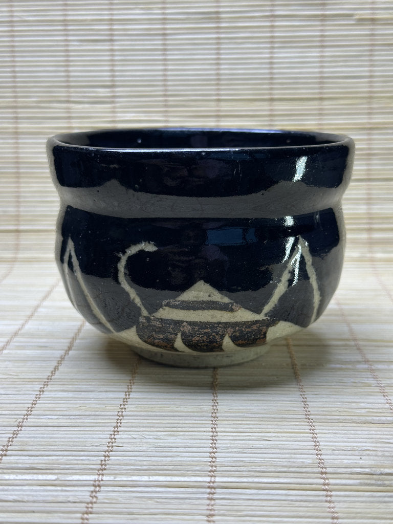 Vintage Japanese Kuro-Oribe Style Chawan, Black Glaze with Iron-Painted Window, Matcha Tea Bowl, Wabi-Sabi
