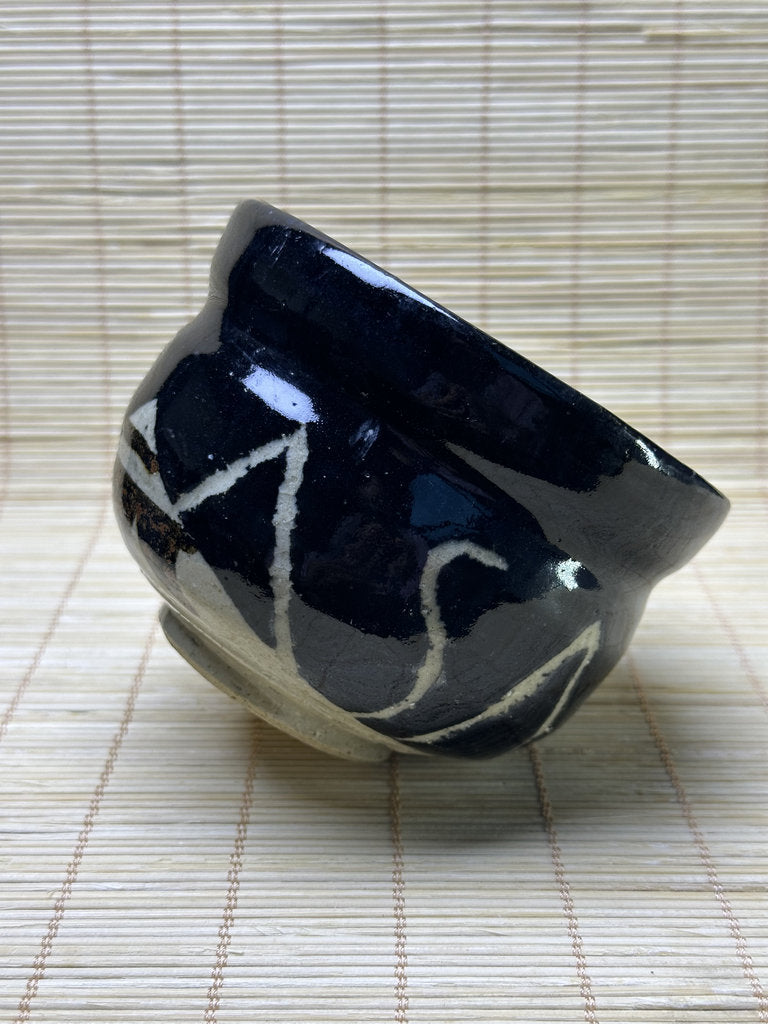 Vintage Japanese Kuro-Oribe Style Chawan, Black Glaze with Iron-Painted Window, Matcha Tea Bowl, Wabi-Sabi