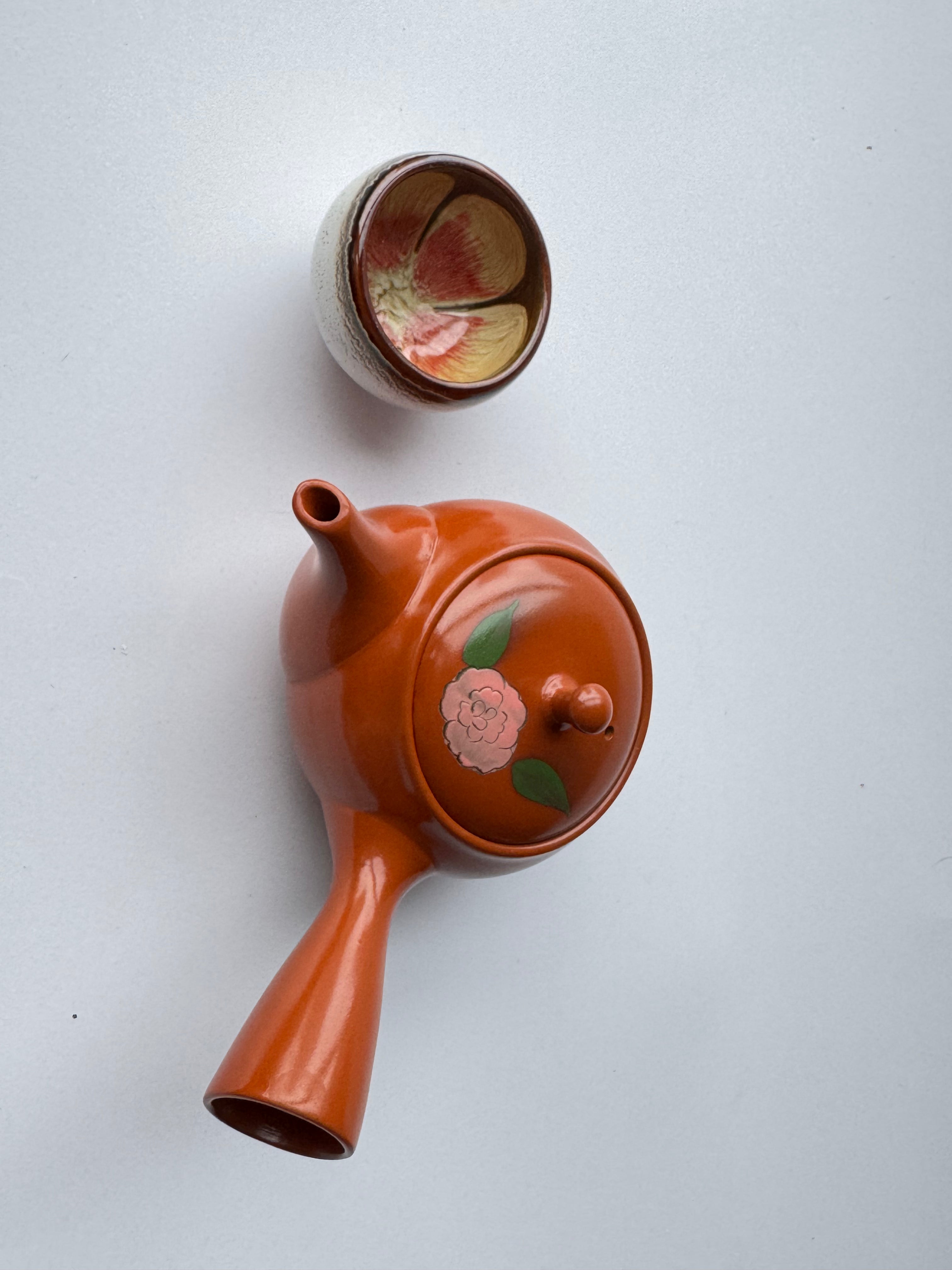 Vintage Tokoname Teapot Hand-Painted Floral Motif – Japanese Clay Kyusu for Sencha & Gyokuro