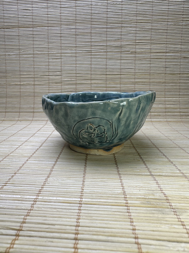 Vintage Japanese Turquoise Ice-Crack Celadon Chawan, Relief Carved Figures, Hand-Formed Matcha Tea Bowl, Wabi-Sabi