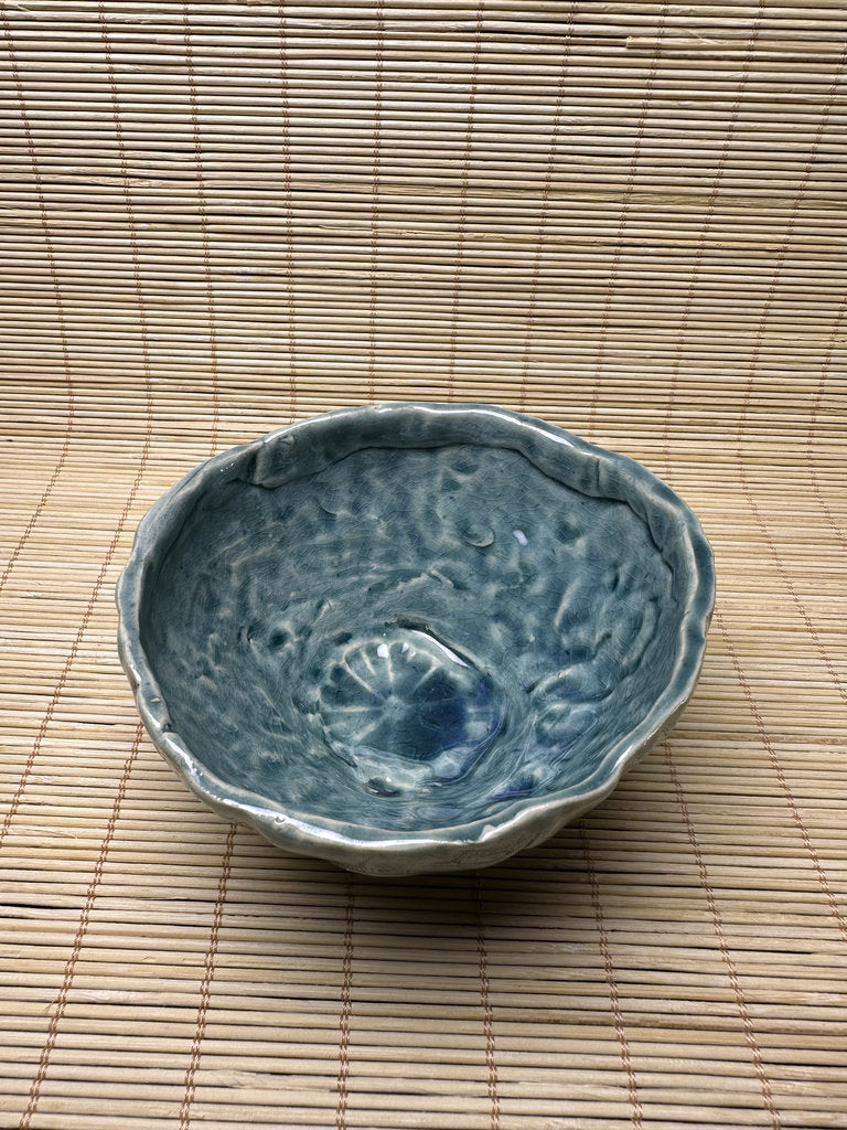Vintage Japanese Turquoise Ice-Crack Celadon Chawan, Relief Carved Figures, Hand-Formed Matcha Tea Bowl, Wabi-Sabi