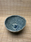 Vintage Japanese Turquoise Ice-Crack Celadon Chawan, Relief Carved Figures, Hand-Formed Matcha Tea Bowl, Wabi-Sabi