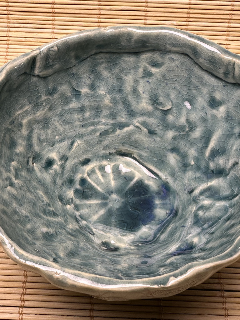Vintage Japanese Turquoise Ice-Crack Celadon Chawan, Relief Carved Figures, Hand-Formed Matcha Tea Bowl, Wabi-Sabi