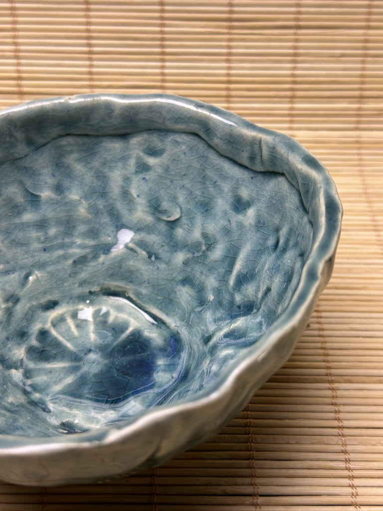 Vintage Japanese Turquoise Ice-Crack Celadon Chawan, Relief Carved Figures, Hand-Formed Matcha Tea Bowl, Wabi-Sabi