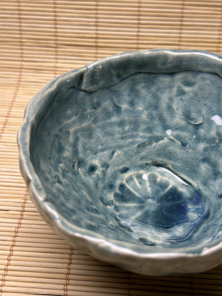 Vintage Japanese Turquoise Ice-Crack Celadon Chawan, Relief Carved Figures, Hand-Formed Matcha Tea Bowl, Wabi-Sabi