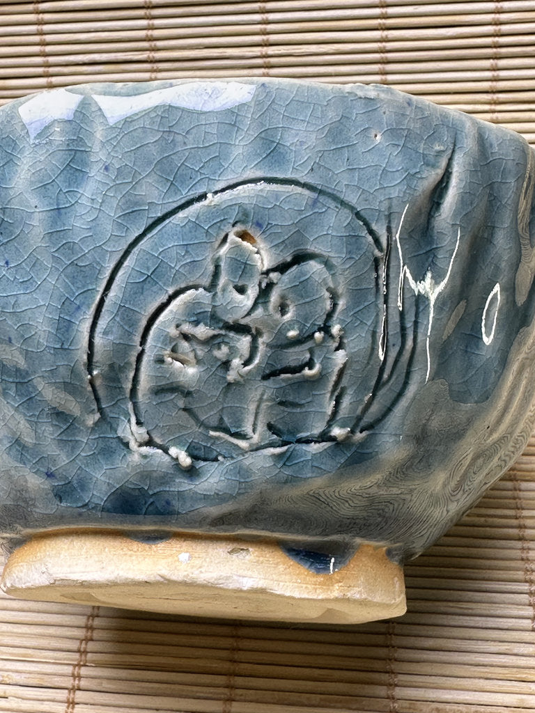 Vintage Japanese Turquoise Ice-Crack Celadon Chawan, Relief Carved Figures, Hand-Formed Matcha Tea Bowl, Wabi-Sabi