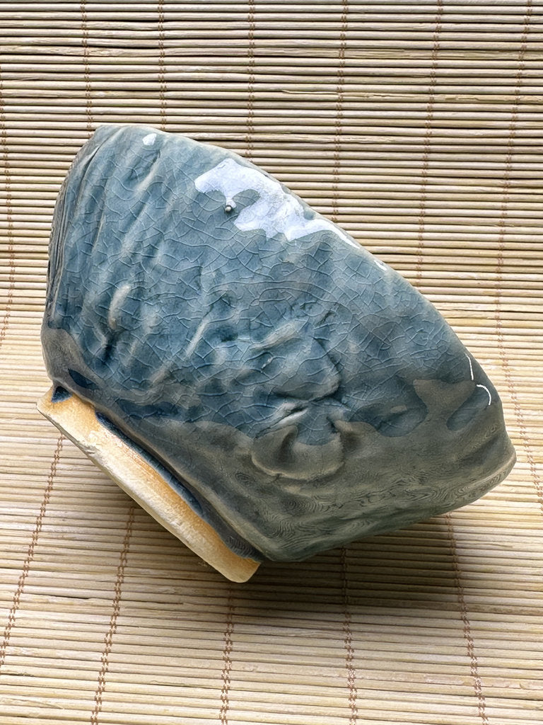 Vintage Japanese Turquoise Ice-Crack Celadon Chawan, Relief Carved Figures, Hand-Formed Matcha Tea Bowl, Wabi-Sabi