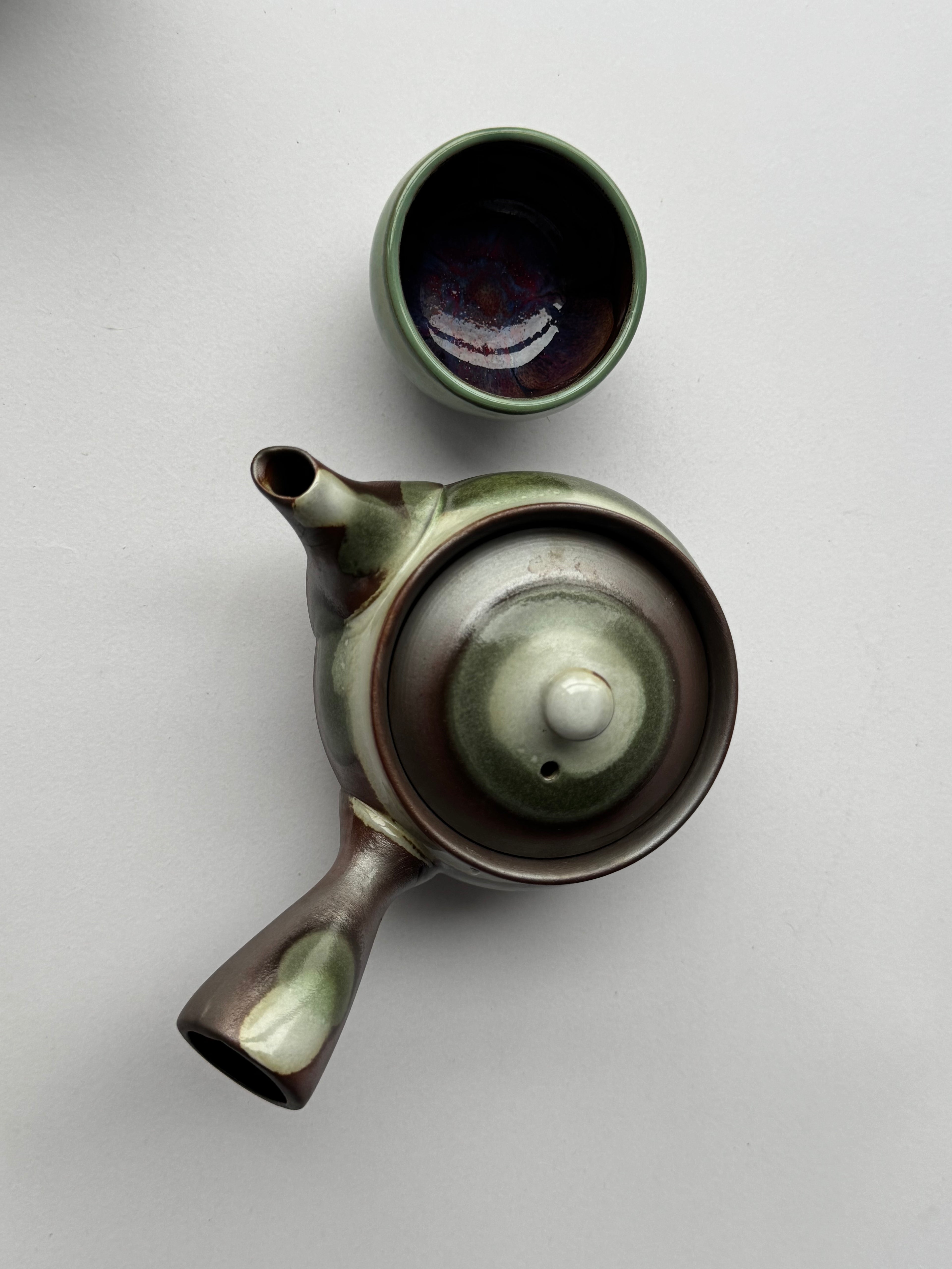 Vintage Japanese Stoneware Teapot – Green & Brown Glaze, Rustic Kyusu with Mesh Filter