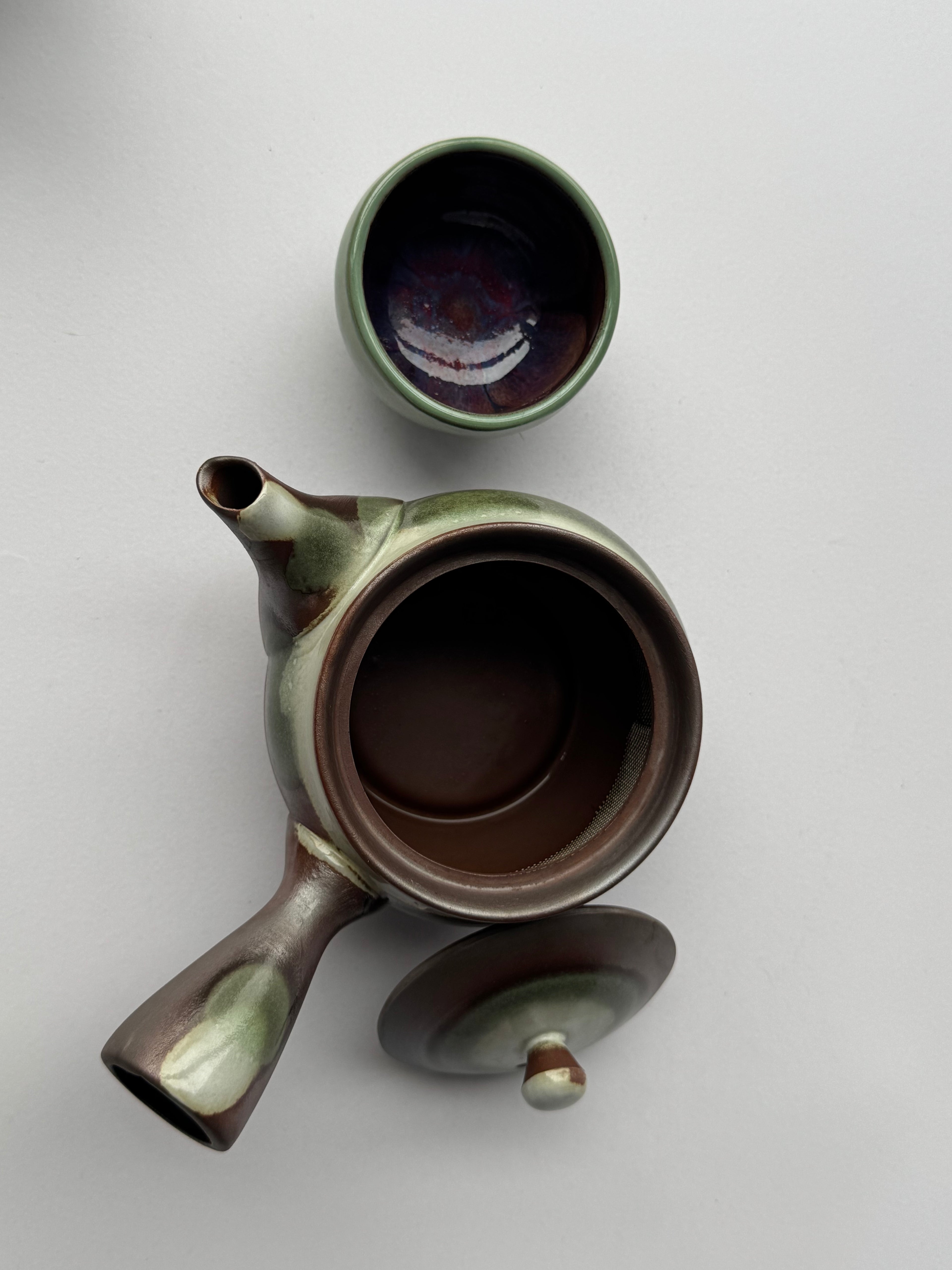 Vintage Japanese Stoneware Teapot – Green & Brown Glaze, Rustic Kyusu with Mesh Filter