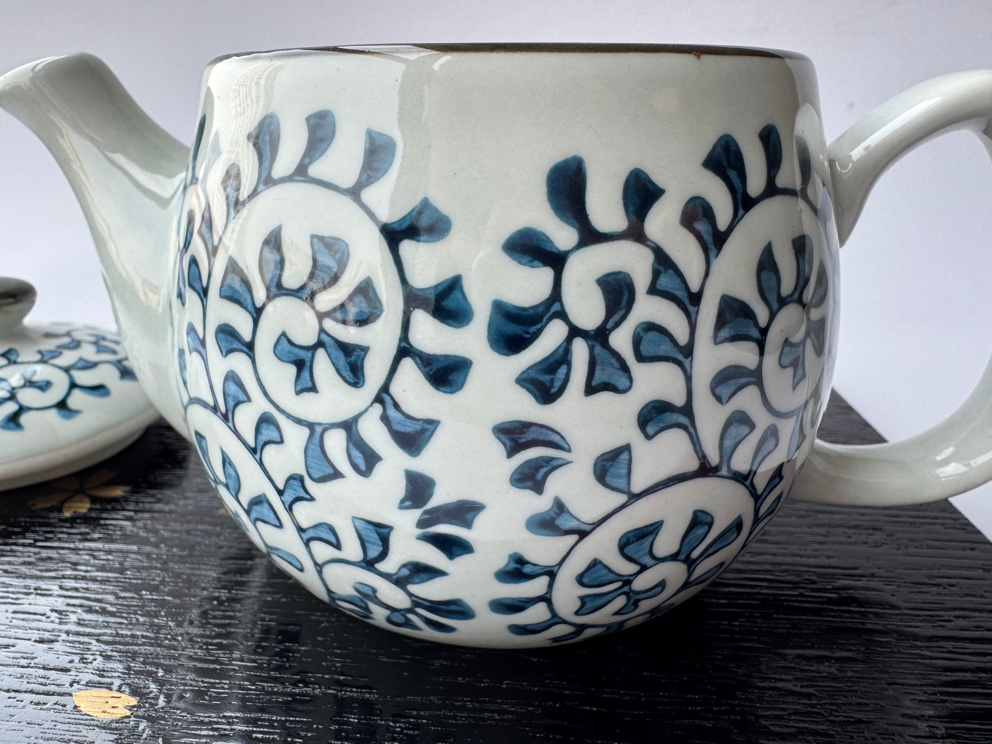 Vintage Arita Porcelain Teapot | Blue Spiral Motif | Japanese Tea Ware