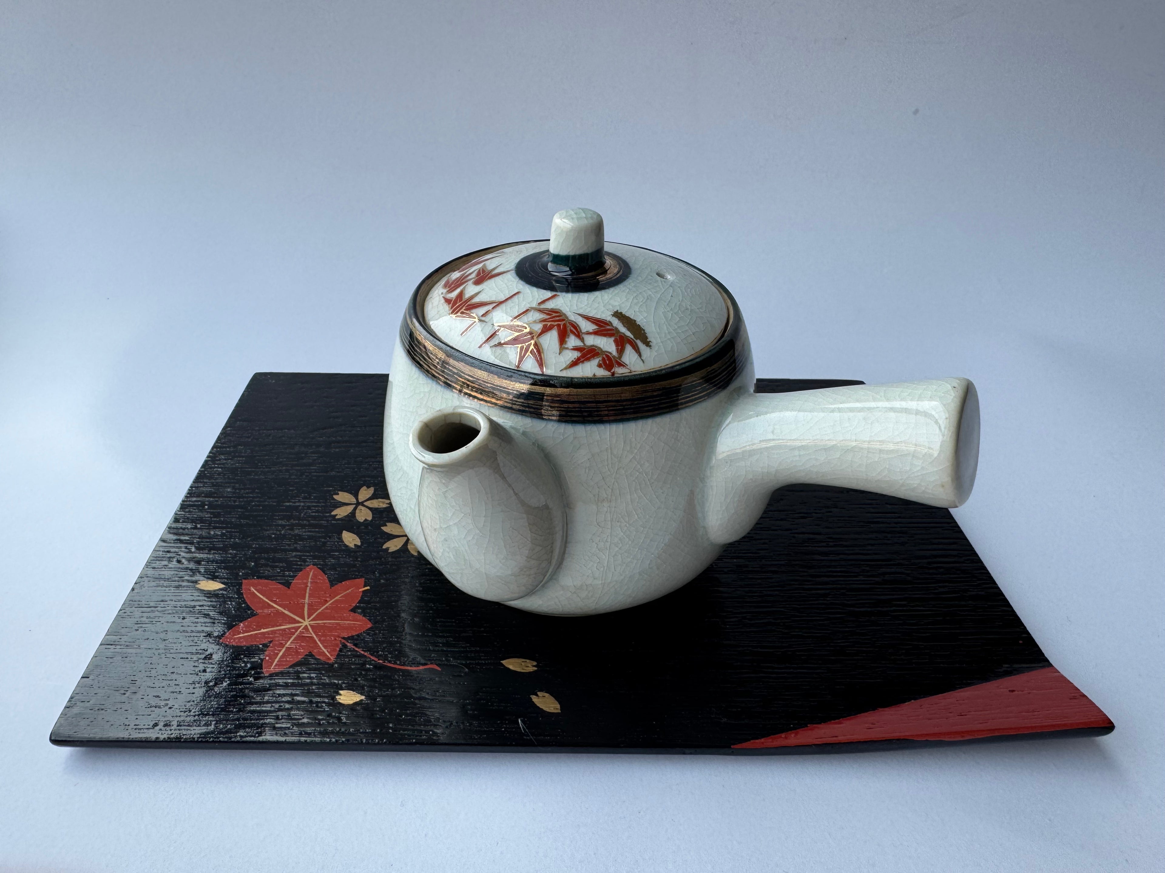Vintage Kutani Teapot | Red Maple Leaf Motif | Crackle Glaze Japanese Tea Ware