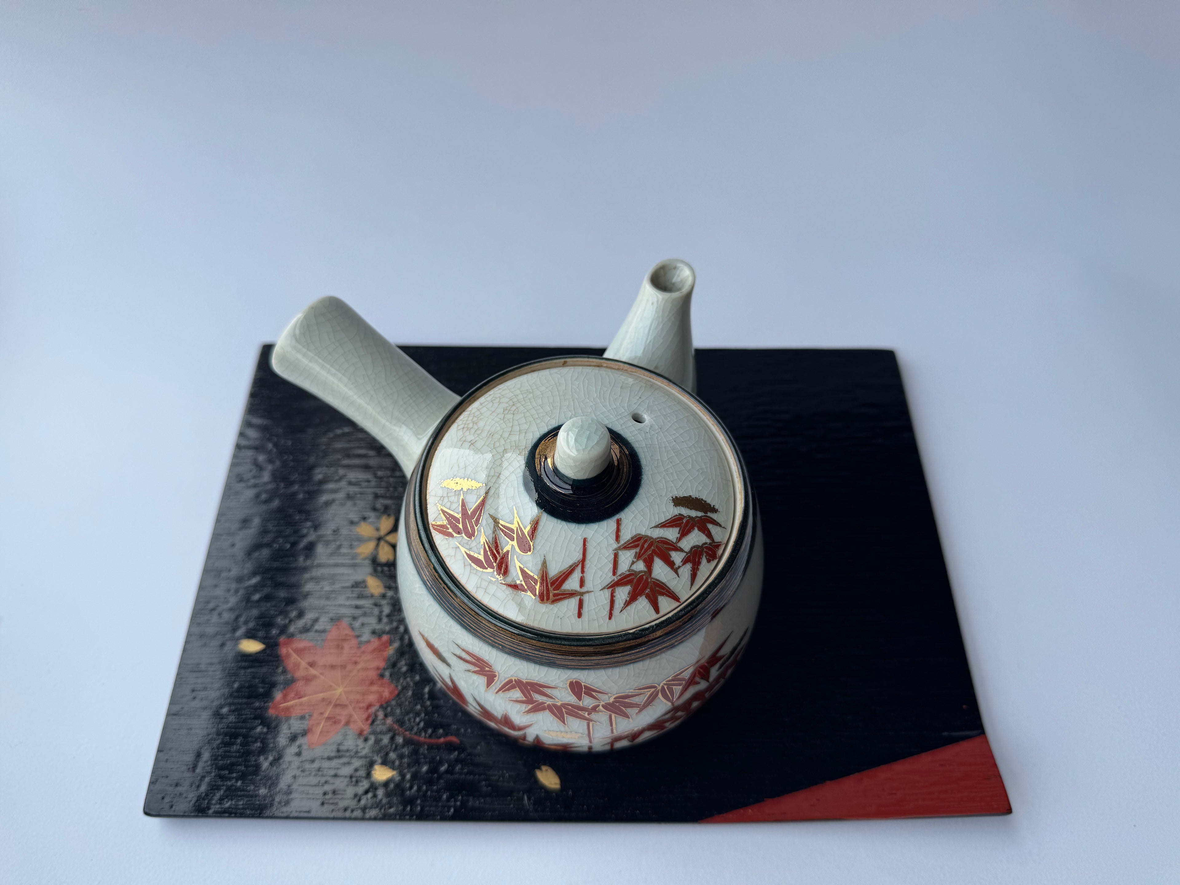 Vintage Kutani Teapot | Red Maple Leaf Motif | Crackle Glaze Japanese Tea Ware