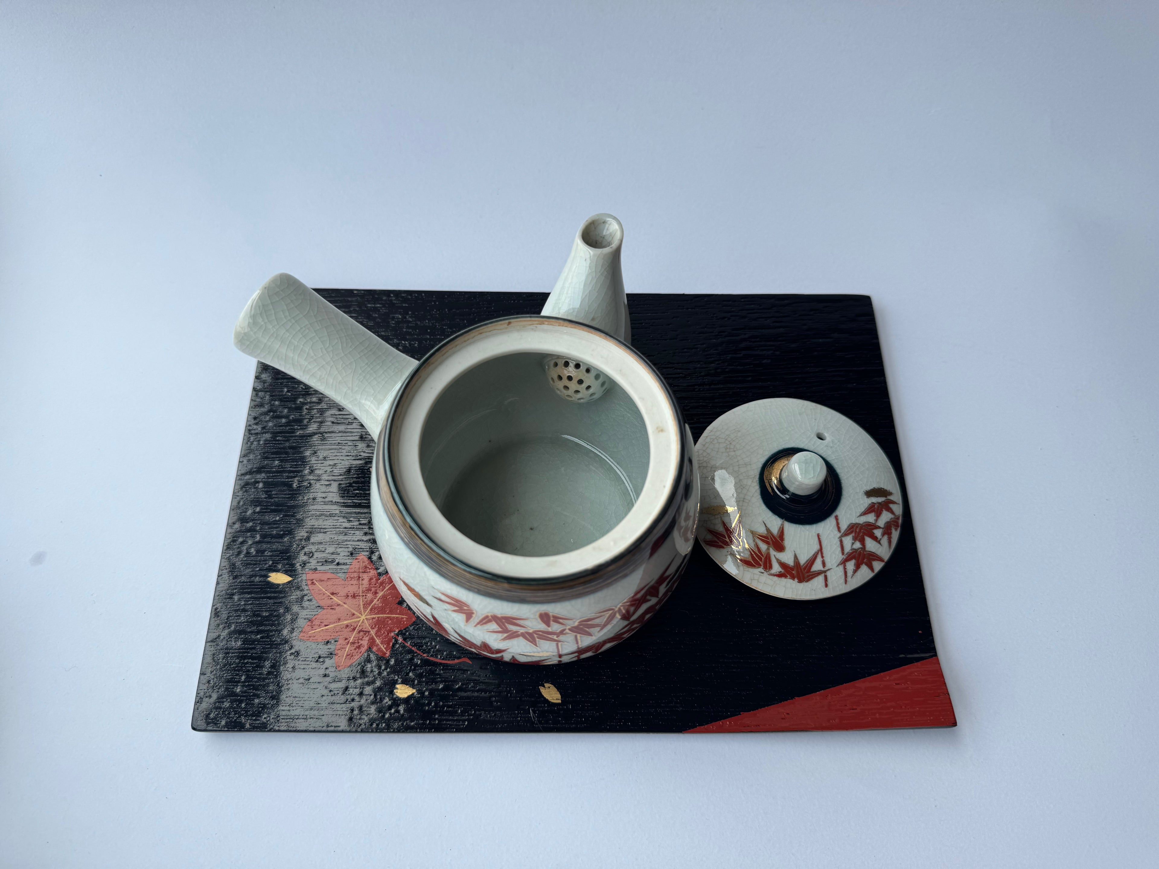 Vintage Kutani Teapot | Red Maple Leaf Motif | Crackle Glaze Japanese Tea Ware