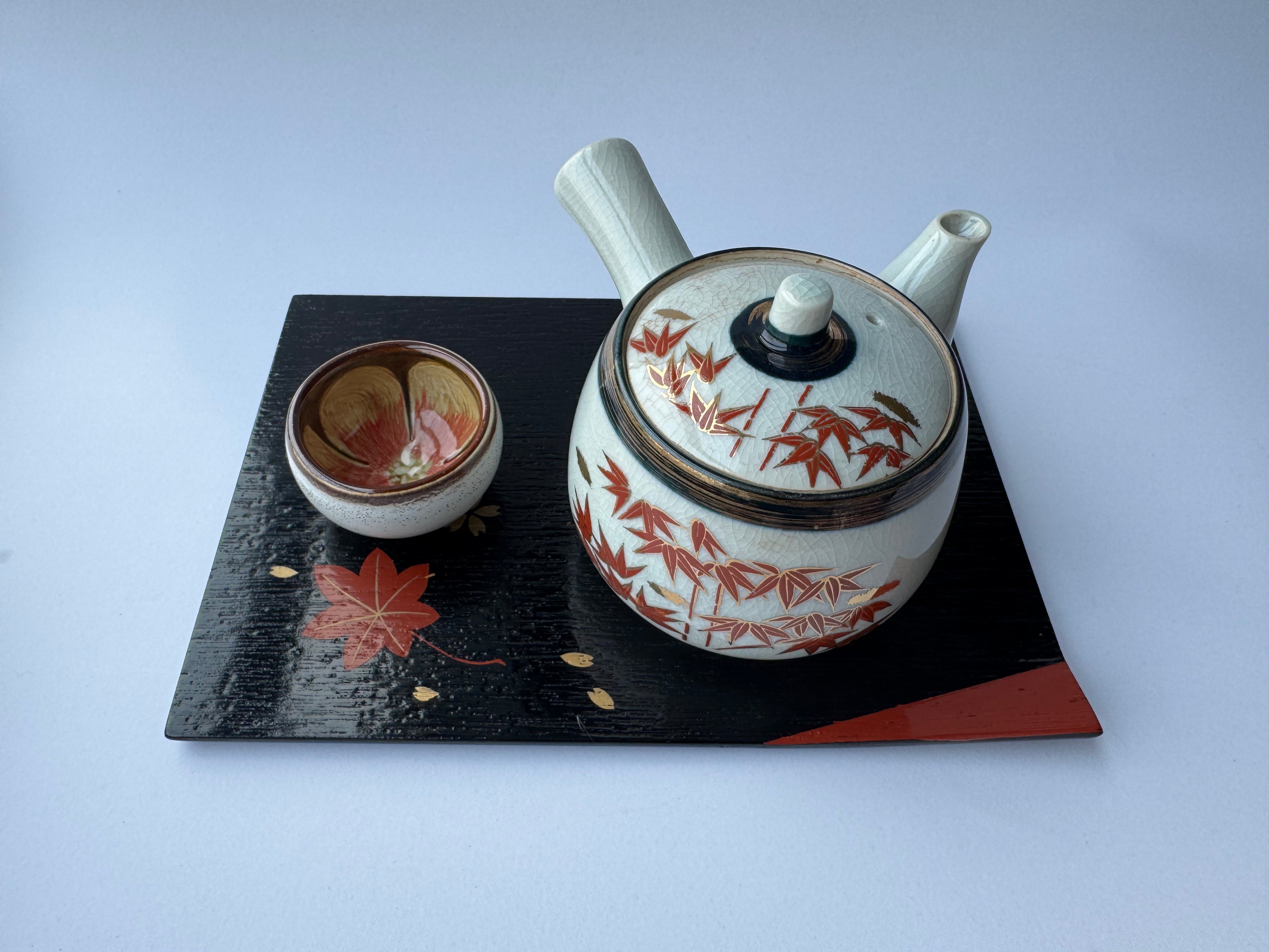 Ceramic teapot and bowl with floral design on a black tray against a white background