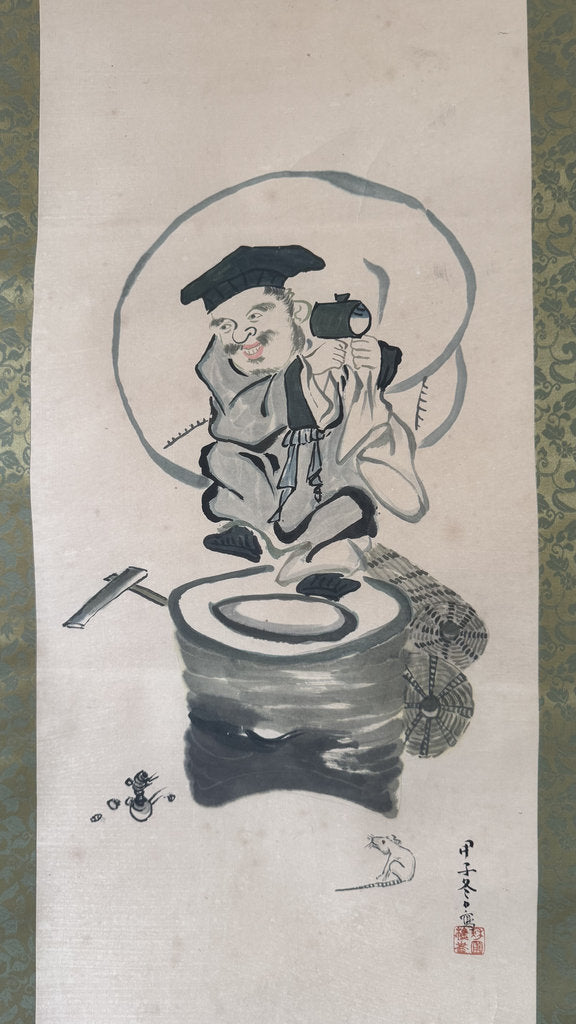 Vintage Japanese Hanging Scroll - Daikoku-ten God of Fortune - Otsu-e Zenga Style - Year of the Rat - Signed with Date - Shichifukujin