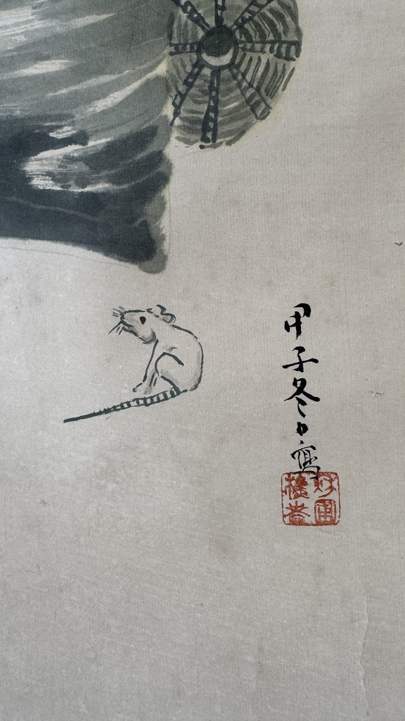Vintage Japanese Hanging Scroll - Daikoku-ten God of Fortune - Otsu-e Zenga Style - Year of the Rat - Signed with Date - Shichifukujin