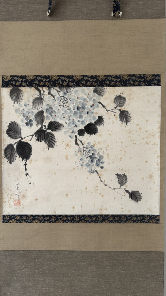 Vintage Japanese Hanging Scroll — Grapes in Ink — Budō-zu Nanga — Signed Haromi — Early 20th Century — Zen Abundance Symbol