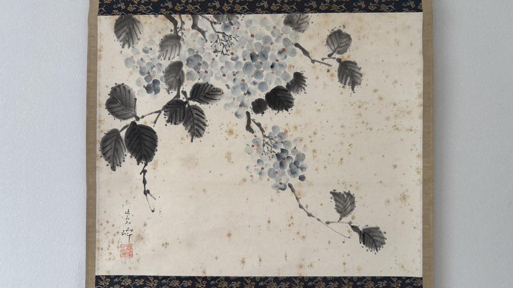 Vintage Japanese Hanging Scroll — Grapes in Ink — Budō-zu Nanga — Signed Haromi — Early 20th Century — Zen Abundance Symbol