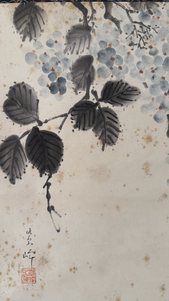 Vintage Japanese Hanging Scroll — Grapes in Ink — Budō-zu Nanga — Signed Haromi — Early 20th Century — Zen Abundance Symbol