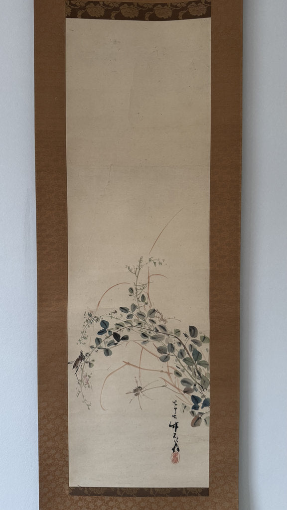 Vintage Japanese Hanging Scroll — Bush Clover, Cricket & Dragonfly — Autumn Hana-Mushi-zu — Shijō Nihonga — Signed Takeru — Hagi Season Poem