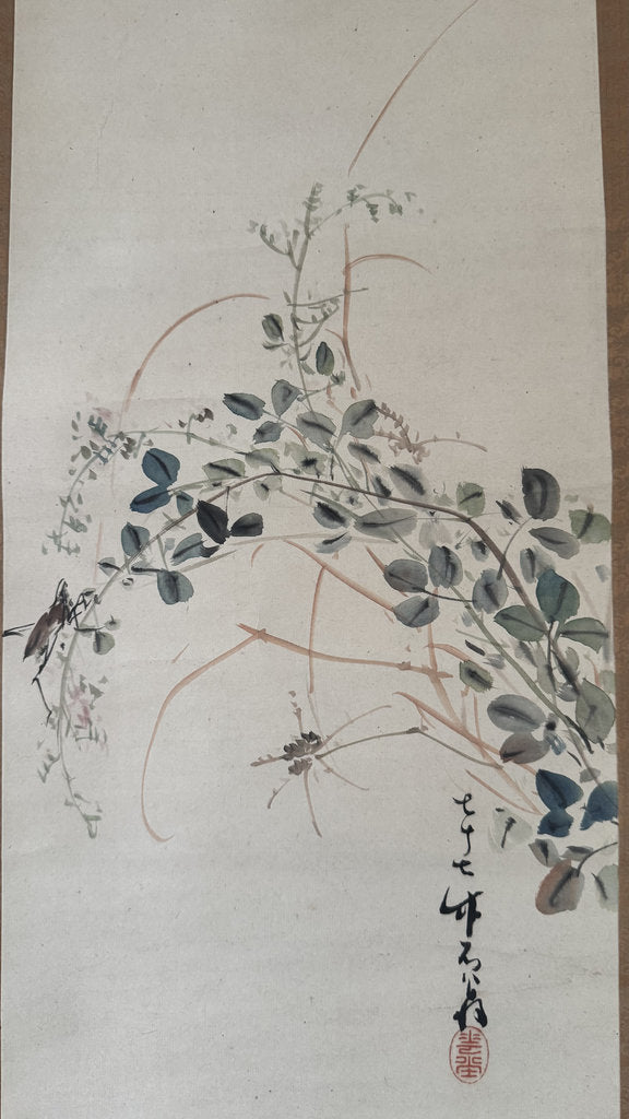 Vintage Japanese Hanging Scroll — Bush Clover, Cricket & Dragonfly — Autumn Hana-Mushi-zu — Shijō Nihonga — Signed Takeru — Hagi Season Poem