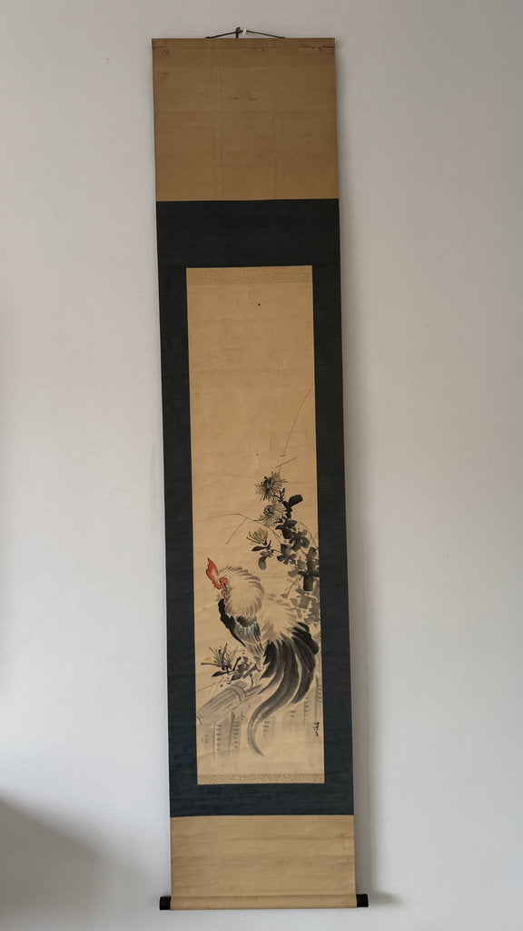 Antique Japanese Hanging Scroll — Fighting Cock & Chrysanthemum — Kacho-ga Nihonga — Signed Keibun — Maruyama-Shijō School