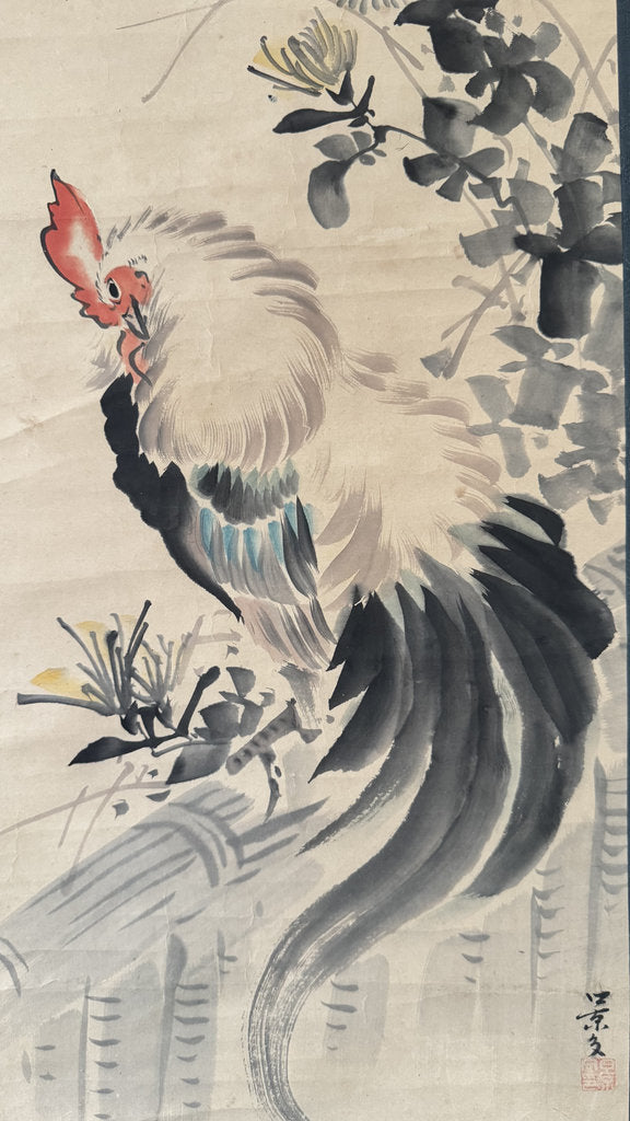 Antique Japanese Hanging Scroll — Fighting Cock & Chrysanthemum — Kacho-ga Nihonga — Signed Keibun — Maruyama-Shijō School