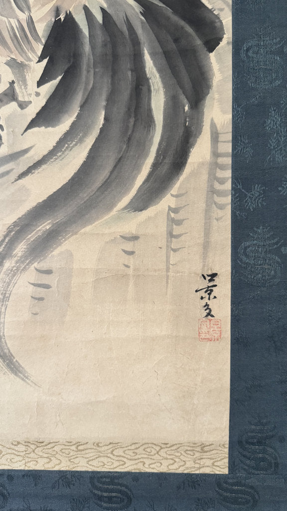 Antique Japanese Hanging Scroll — Fighting Cock & Chrysanthemum — Kacho-ga Nihonga — Signed Keibun — Maruyama-Shijō School