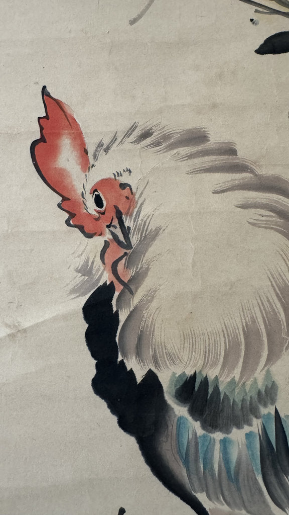 Antique Japanese Hanging Scroll — Fighting Cock & Chrysanthemum — Kacho-ga Nihonga — Signed Keibun — Maruyama-Shijō School