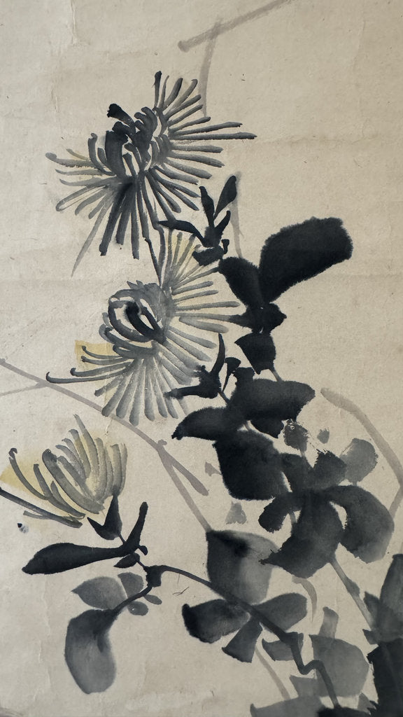 Antique Japanese Hanging Scroll — Fighting Cock & Chrysanthemum — Kacho-ga Nihonga — Signed Keibun — Maruyama-Shijō School