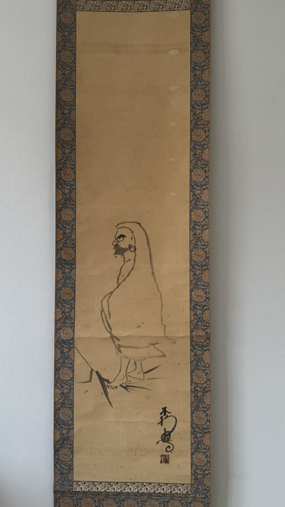 Vintage Japanese Hanging Scroll — Daruma in Pure Zenga — "Unbound by Doctrine" — Single-Stroke Sumi-e — Signed Fukōten — Hakuin Tradition