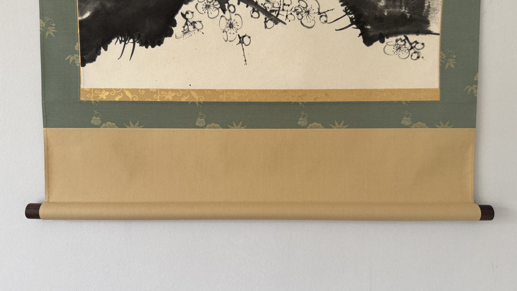 Vintage Japanese Hanging Scroll — Plum Blossom in Haboku Ink — "Few Petals, Infinite Sky" — Signed Usō — Zen Sumi-e Art