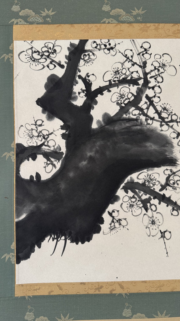 Vintage Japanese Hanging Scroll — Plum Blossom in Haboku Ink — "Few Petals, Infinite Sky" — Signed Usō — Zen Sumi-e Art