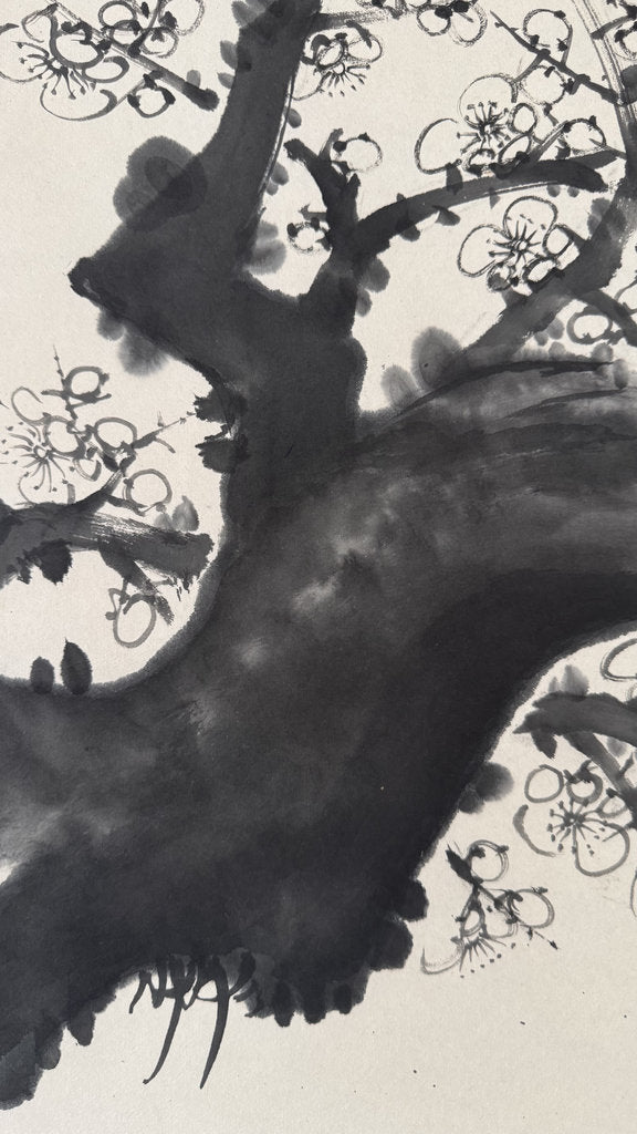 Vintage Japanese Hanging Scroll — Plum Blossom in Haboku Ink — "Few Petals, Infinite Sky" — Signed Usō — Zen Sumi-e Art