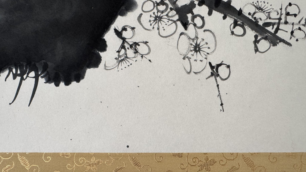 Vintage Japanese Hanging Scroll — Plum Blossom in Haboku Ink — "Few Petals, Infinite Sky" — Signed Usō — Zen Sumi-e Art
