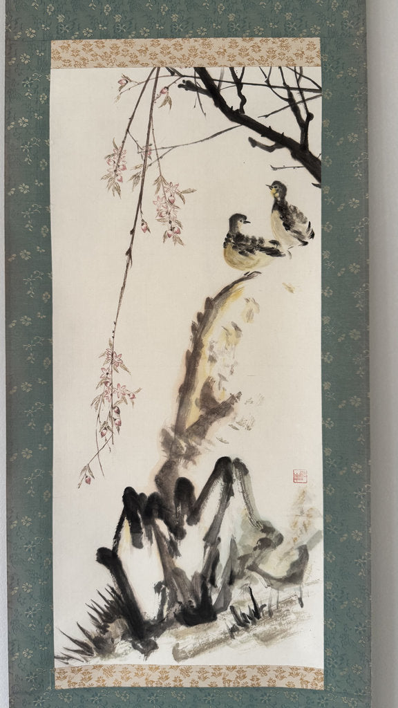 Vintage Japanese Hanging Scroll - Sparrows & Weeping Plum in Spring - Kacho-ga Nihonga - Shijō School - Signed with Seal