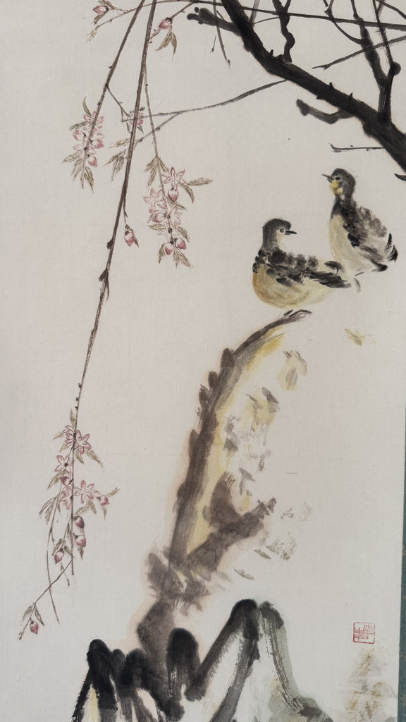 Vintage Japanese Hanging Scroll - Sparrows & Weeping Plum in Spring - Kacho-ga Nihonga - Shijō School - Signed with Seal