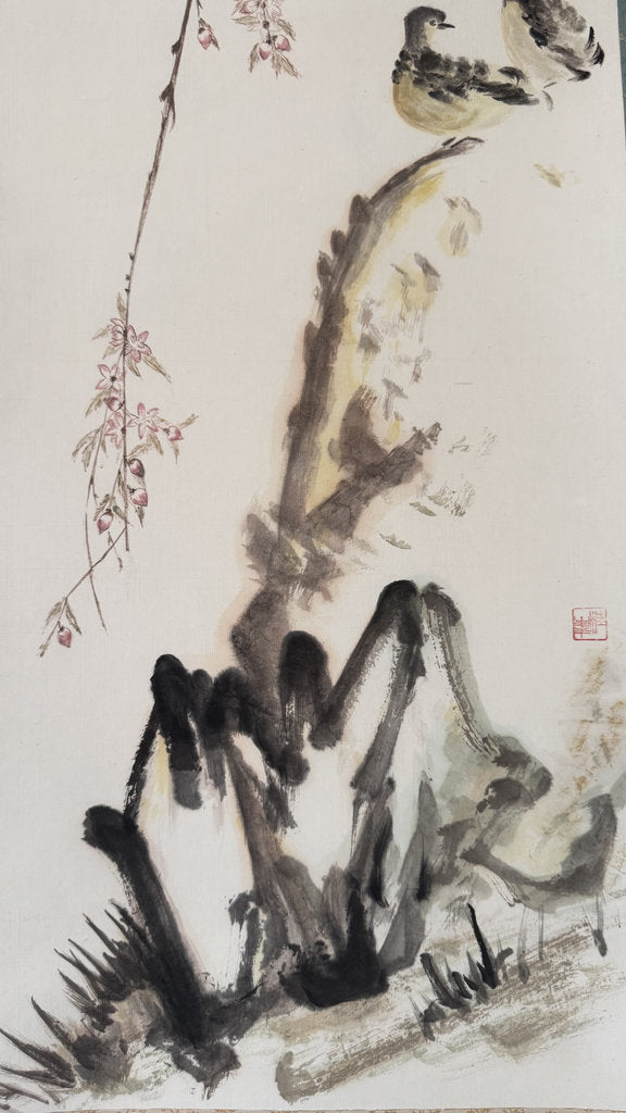 Vintage Japanese Hanging Scroll - Sparrows & Weeping Plum in Spring - Kacho-ga Nihonga - Shijō School - Signed with Seal