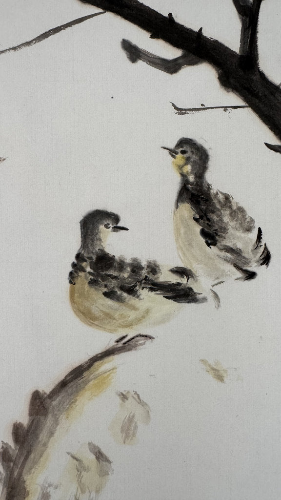 Vintage Japanese Hanging Scroll - Sparrows & Weeping Plum in Spring - Kacho-ga Nihonga - Shijō School - Signed with Seal