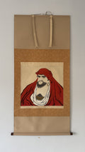 Portrait of a bearded figure in red and white attire on a brown background