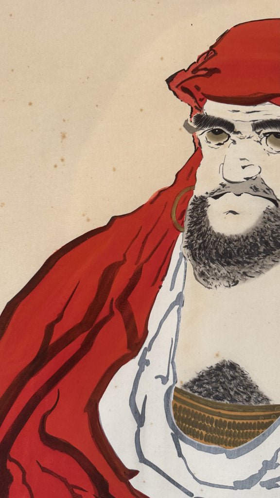 Vintage Japanese Hanging Scroll — Daruma (Bodhidharma) Portrait — Zenga-Style Nihonga — Signed Dōjin — Zen Buddhist Art