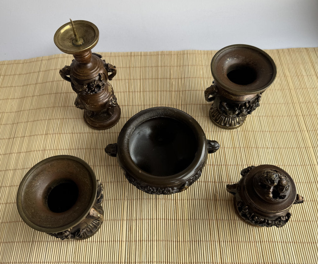 Vintage Japanese Buddhist Altar Set - Goro-gu Five-Piece Bronze - Meiji Era - Kacho Relief - Zō Shokudai - Stamped Foundry Mark