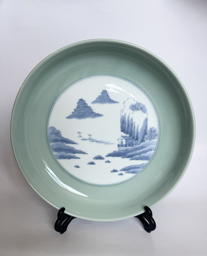 Pair Japanese Arita Charger Plates | Celadon Sometsuke Sansui | Hand-Painted Landscape | Yamatoku Kiln | Wall Display Plates | Blue White Porcelain